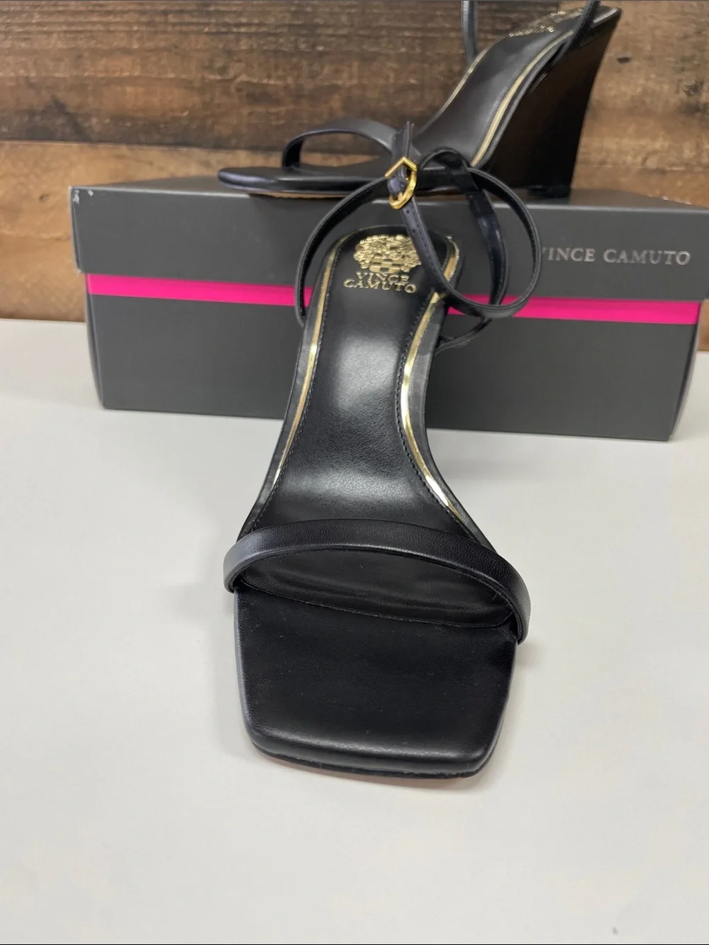 Vince Camuto Black Leather Square-Toe Ankle-Strap Wedges